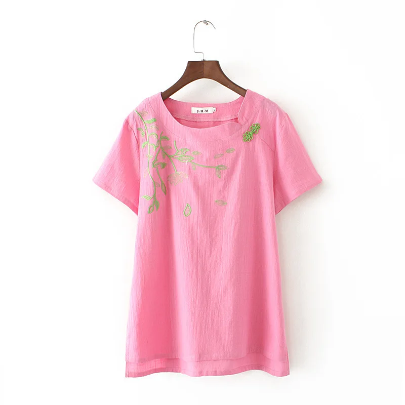 Summer Fat Mm Thin Cotton T-shirt Linen Embroidery Green Leaf Short Sleeve T Shirt Women New Fashion Casual Tshirt Pure Color Tops