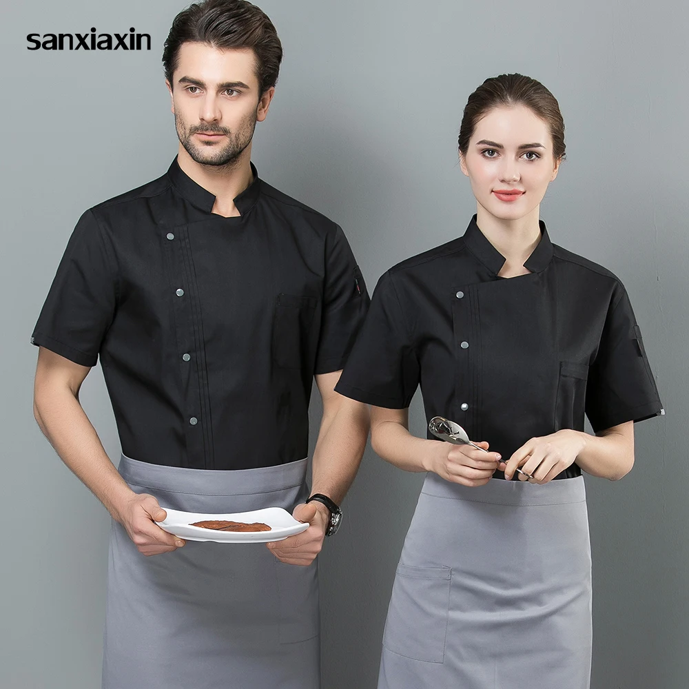 

New unisex Short sleeved restaurant uniforms shirts hotel Kitchen cooker Work shirts Chef Jacket Food Service work clothes men