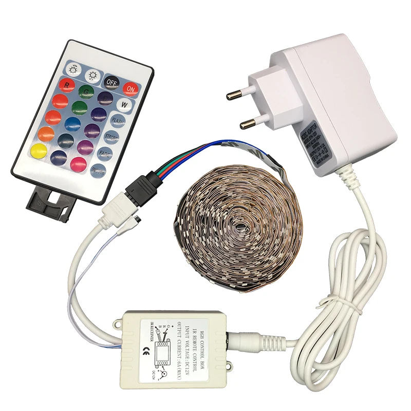 

LED Strip Light SMD 3528 RGB Strip Ribbon Diode Tape RGB 3528 DC 12V 5M Flexible Strip Full Set DIY Controller and Adapter