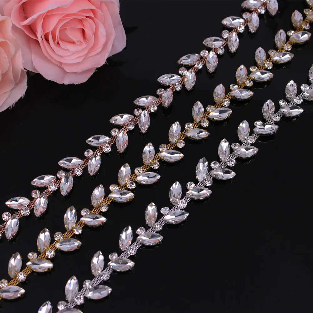 

2.1CM Width Rose Gold Crystal Wedding Dress Belt Bridal Chain Trim Horse-Eye shape Rhinestone Trim Sew on Garments DIY Clothes