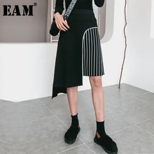 [EAM] новая весенне-летняя черная юбка с высокой талией и неровным подолом в полоску, женская модная юбка средней длины JR194