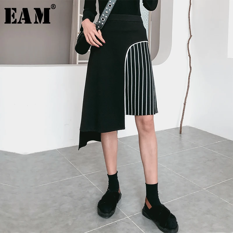 

[EAM] 2019 New Spring Summer High Waist Black Irregular Hem Striped Split Joint Half-body Skirt Women Fashion Tide JR194