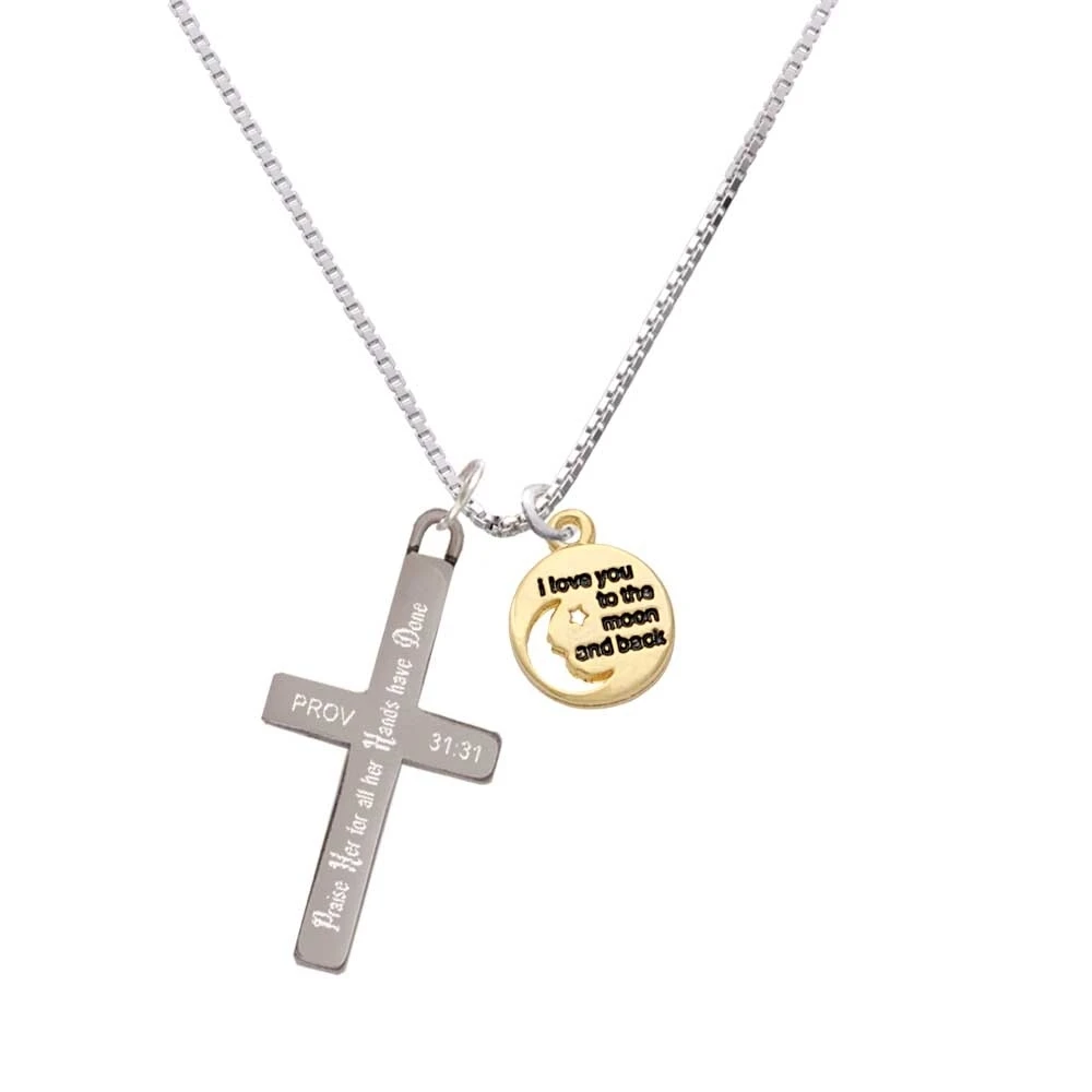 Small Gold Tone I Love You to the Moon - Praise Her - Cross Necklace