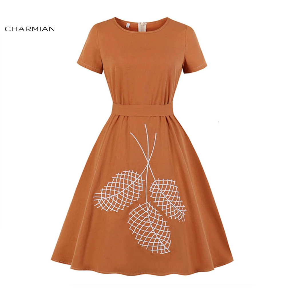 

Charmian Women's Elegant Leaves Embroidered Round Neck Short Sleeve Belted A-line Day Dress