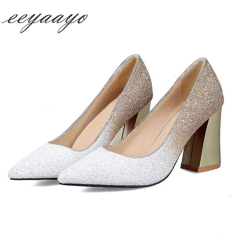 

New Spring/Autumn Women Pumps High Square Heel Pointed Toe Bling Bridal Wedding Shoes Sexy Ladies Women Shoes White High Heels
