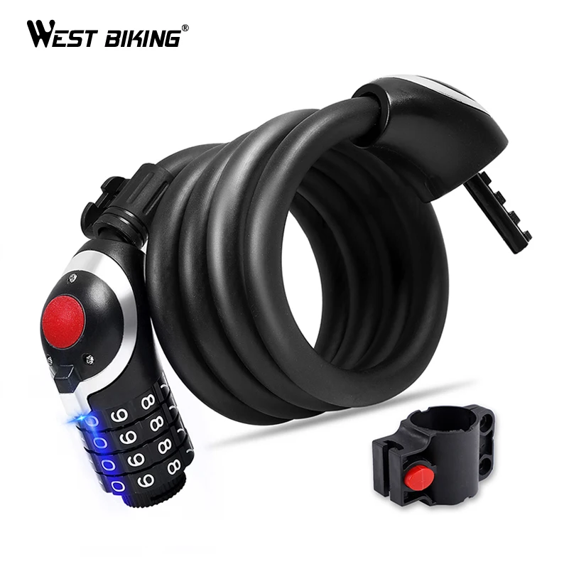 

WEST BIKING 1.2M-1.8M Anti Theft Bike Lock Steel Wire 4 Digital Bicycle Lock with Light MTB Mountain Road Cycling Cable Lock