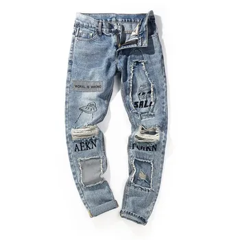 

Reflective men skinny jeans vintage biker pants jogger 2018 The Streets Baggy Denim Casual slim Men's ripped Embroidered jeans