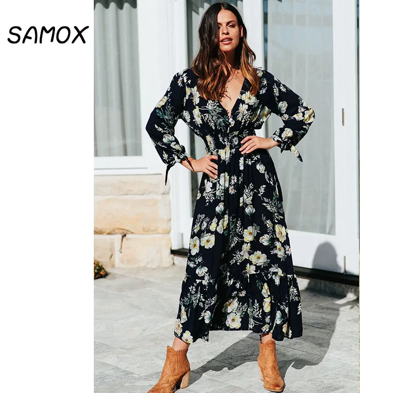 JSMY 2019 New Summer Maxi Dress Fashion Women Bohemian Style Sexy V-neck Button Seven-quarter Sleeve Big Swing Dress