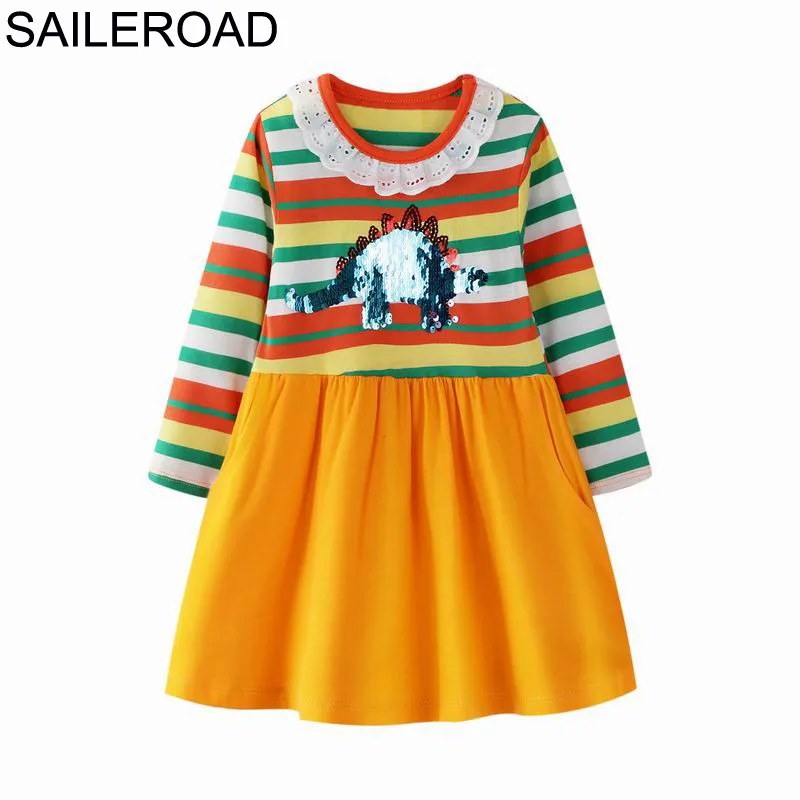 SAILEROAD/Детские платья с пайетками и динозаврами, одежда для детей г., Осеннее детское платье с длинными рукавами платье с карманами и рисунком единорога для девочек - Цвет: Q468 same picture