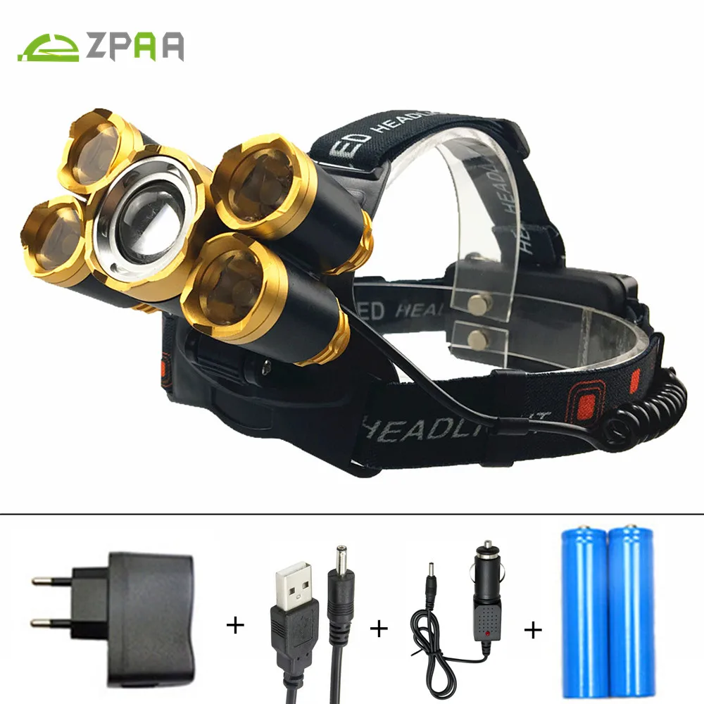 

Powerful 15000LM XML T6 5 LED Head Flashlight Headlamp Head Lamp 4 mode Zoom Light for Hunting Fishing + 2x18650 battery+Charger