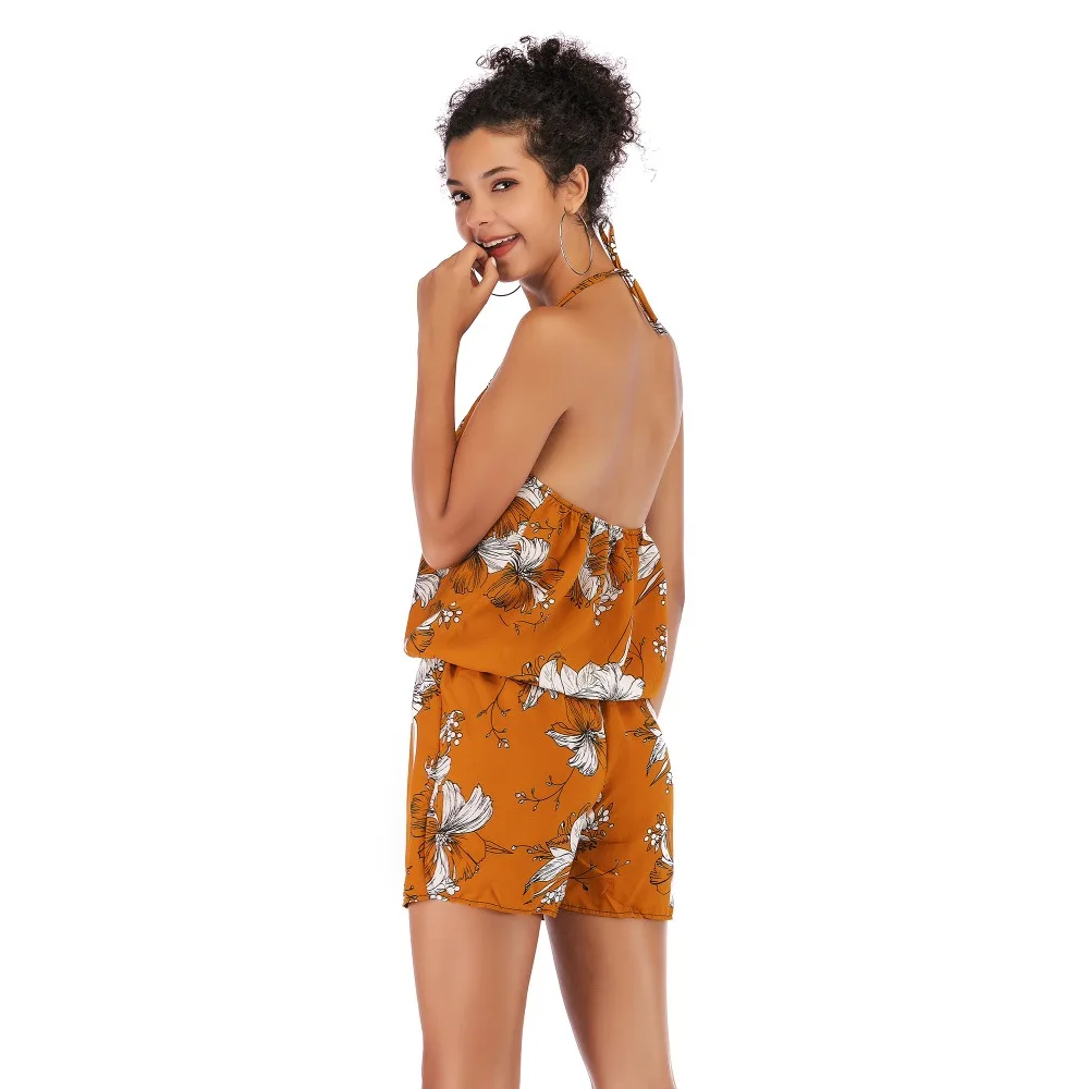 Summer Women's Sleeveless Shorts Suspenders Halter Loose Printed Chiffon Jumpsuit Summer Women's Sleeveless Shorts Suspenders Halter Loose Printed Chiffon Jumpsuit