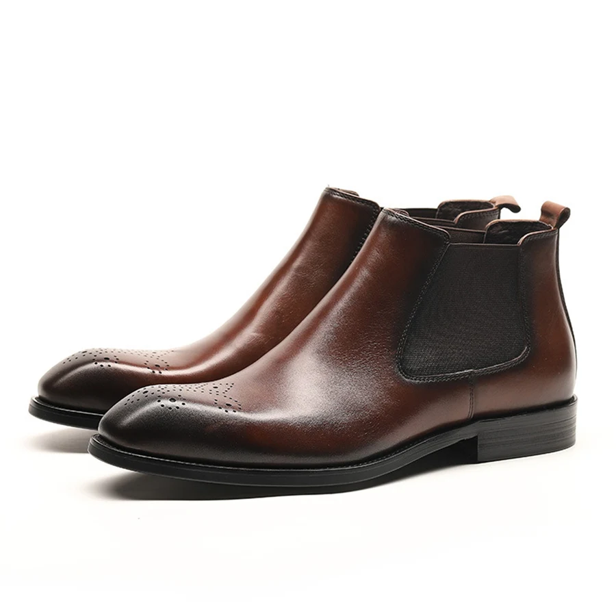 Мужские зимние ботинки из натуральной коровьей кожи, ботинки челси, броги, повседневные ботильоны на плоской подошве, удобные качественные мягкие ботинки, черные, коричневые - Цвет: brown