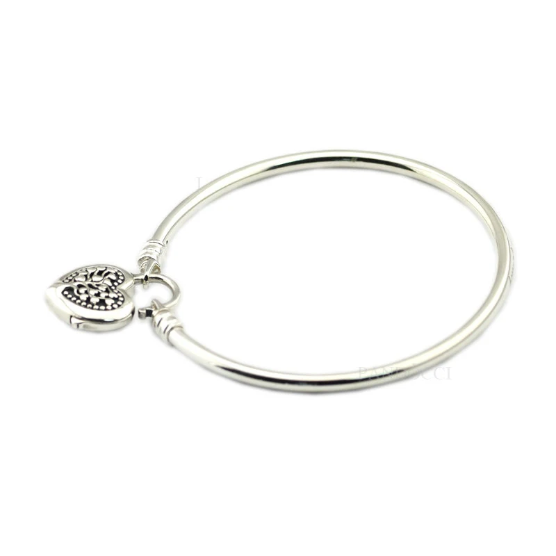 

QANDOCCI Limited Edition Flourishing Heart Padlock Bangle 925 Sterling-Silver Fit Pandora Charm Exotic Bracelets for Women
