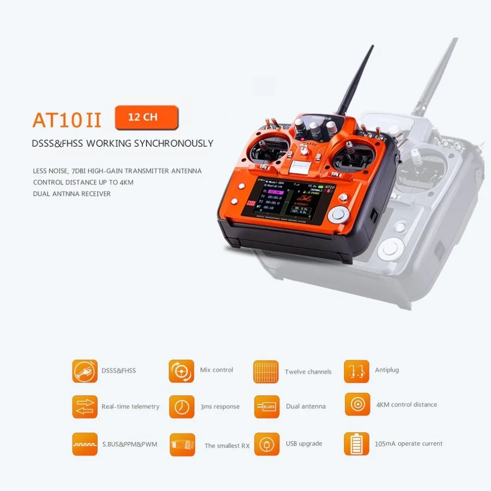 

AT10II 2.4G 12CH Transmitter Remote Control with R12DS Receiver RPM-01 Voltage Return Module for RC Drone Quadcopter