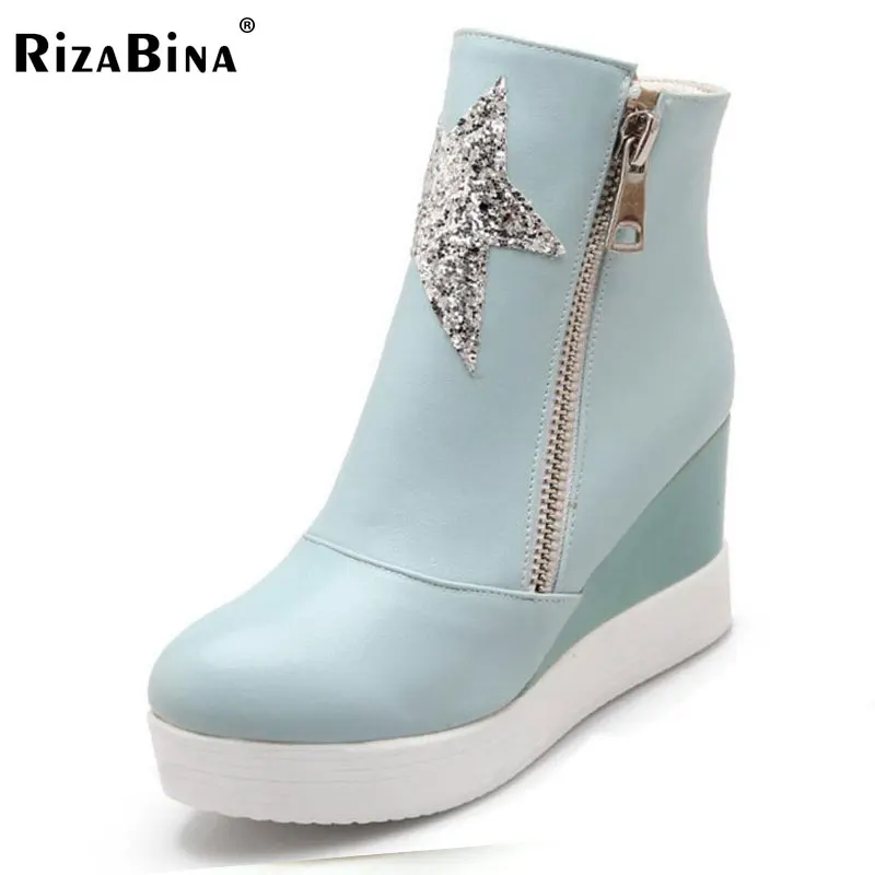 

RizaBina Size 33-42 Ladies High Wedges Boots Women Thick Platform Zipper Glitter Shoes Women Mid Calf Winter Warm Botas