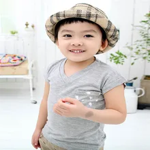 Fashion Summer Kids Boys Girls Short Sleeve Tops V Neck Cotton Gray T-shirt With Pocket