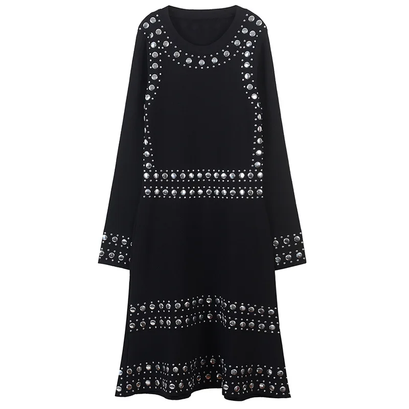 

Slim Rivet Splice Dress Femme Winter Striped Pullover Women Dress Autumn Elegant Robe Knit Vestido Runway Design