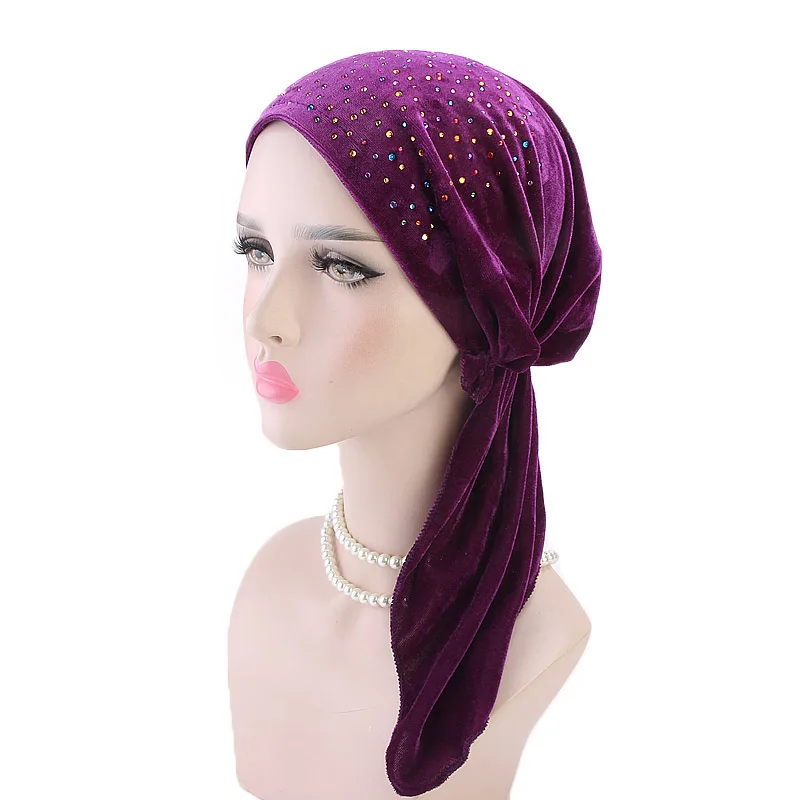 

New fashion Women rhinestoned velvet Pre-Tied Headwear Chemo Hat Turban Head Scarve Bandana Tichel for Cancer Ladies Turbante