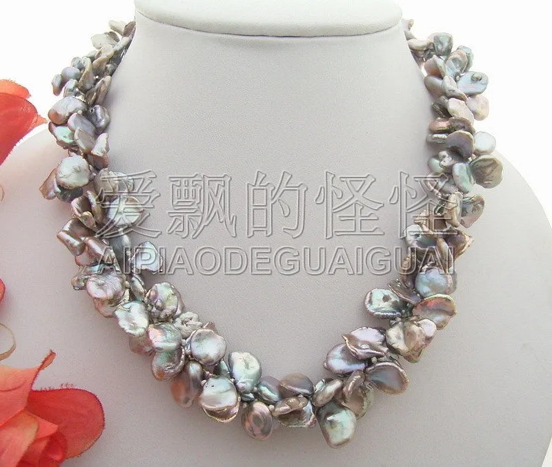 

N070161 17" 3 Rows Grey Keshi Pearl Necklace