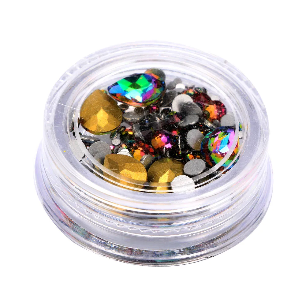 

1 Box Colorful Mixed Sizes Flame Glass Nail Art Decor Shiny 3D Dropping Flat Bottom Drill AB Rhinestone Nail Art Decor