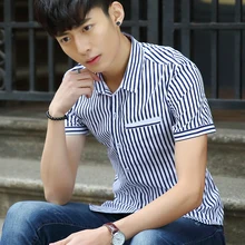 Летняя новая модная повседневная мужская хлопковая рубашка в полоску с коротким рукавом и отложным воротником Красного/синего/черного цвета