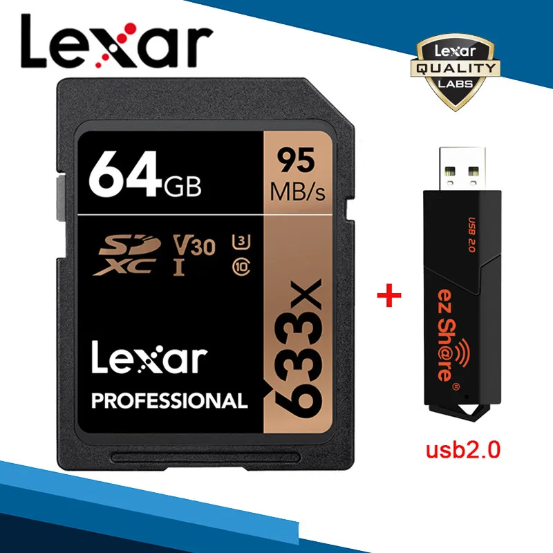 Lexar 633x SD SDXC карты памяти и ez Share кард-ридер USB 2,0 64 Гб Память 32 Гб UHS-I 512 Гб класс 10 256 ГБ V30 128 ГБ U3 карта - Емкость: 64G Card and Reader