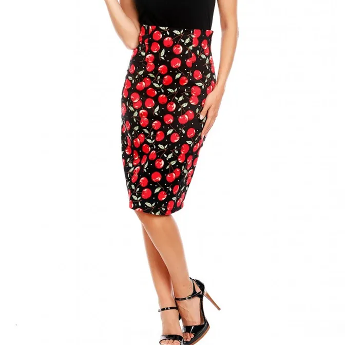 

30- women vintage 50s inspired wiggle midi pencil skirt in cherry print plus size pin up faldas jupe longue skirts