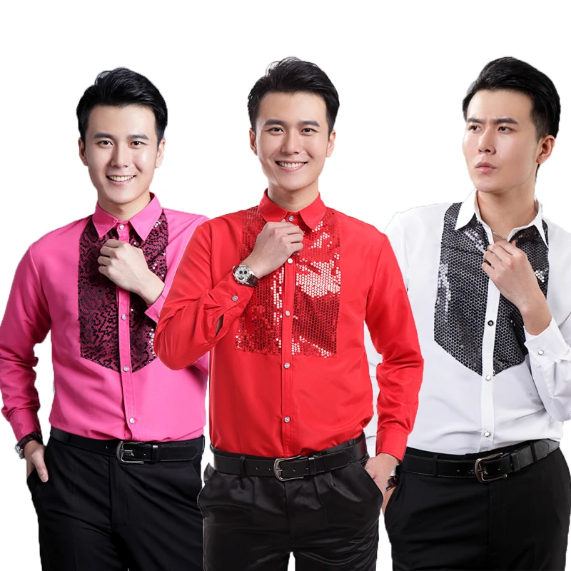 

S-3XL 6 colors 2015 new mens dress shirts and mens shirts studio clothes performance sequins long sleeve shirt free shipping