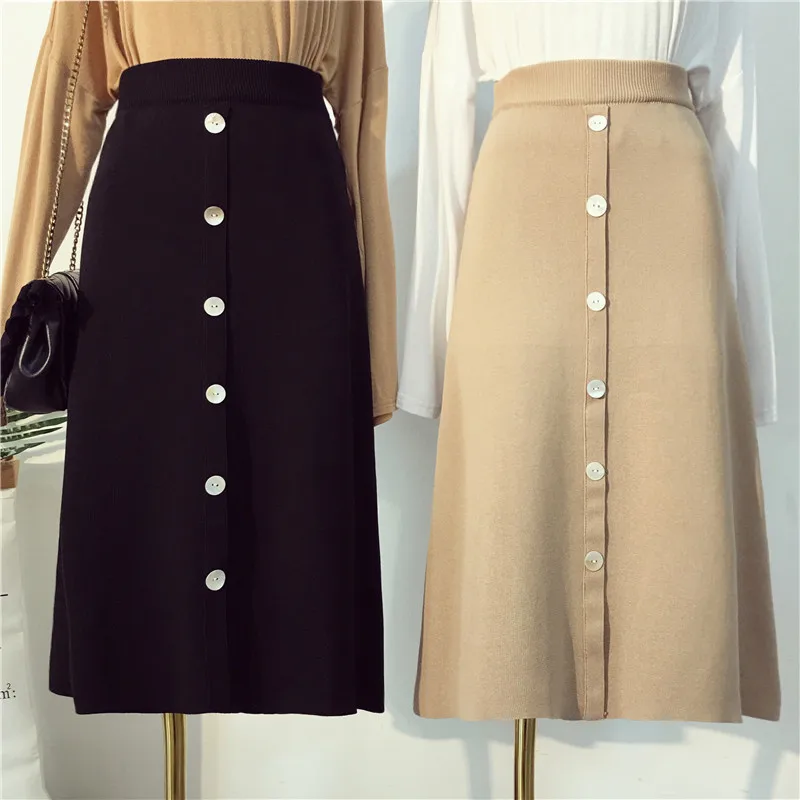 

New Autumn Winter Vintage Women Knitted Skirt Single Breasted High Waist Knit Long Midi Skirts Lady Slim Package Hip Skirt S1282