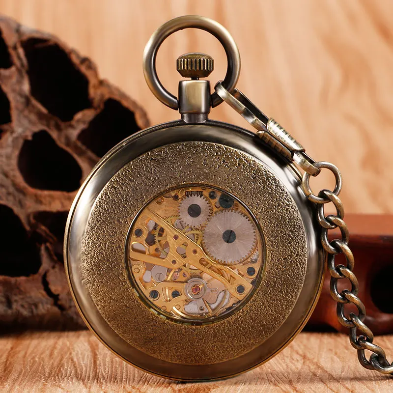 Стимпанк бронзовые карманные часы механические ручной обмотки Скелет Fob часы с карманные, на цепочке унисекс подарки Рождество
