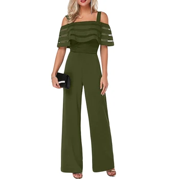 

Plus Size Summer Romper Wide Leg Trousers Womens Casual Clubwear Outfits Sexy Women Jumpsuit Off Shoulder Blue OL Mesh Overalls