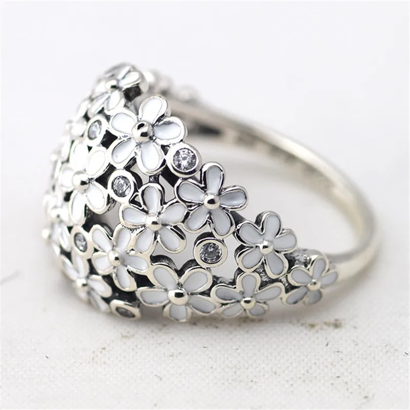 

100% 925 Sterling-Silver-Jewelry Silver Daisy Ring with Clear CZ and White Enamel Rings for Women DIY Jewelry FLR056