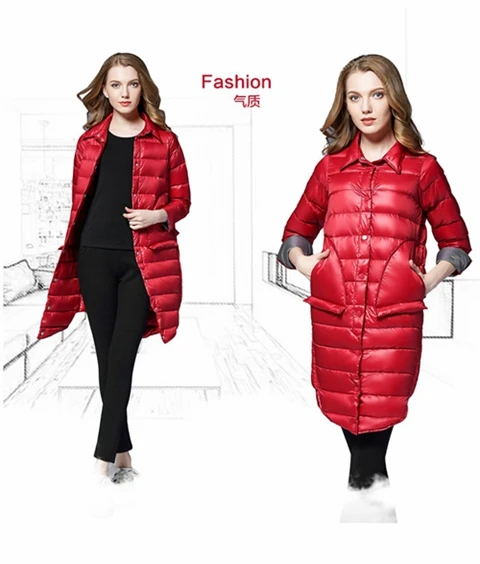 Осенний и зимний женский длинный пуховик, однобортный, ультра-светильник, пуховики с большими карманами, пальто с сумкой для переноски - Цвет: red