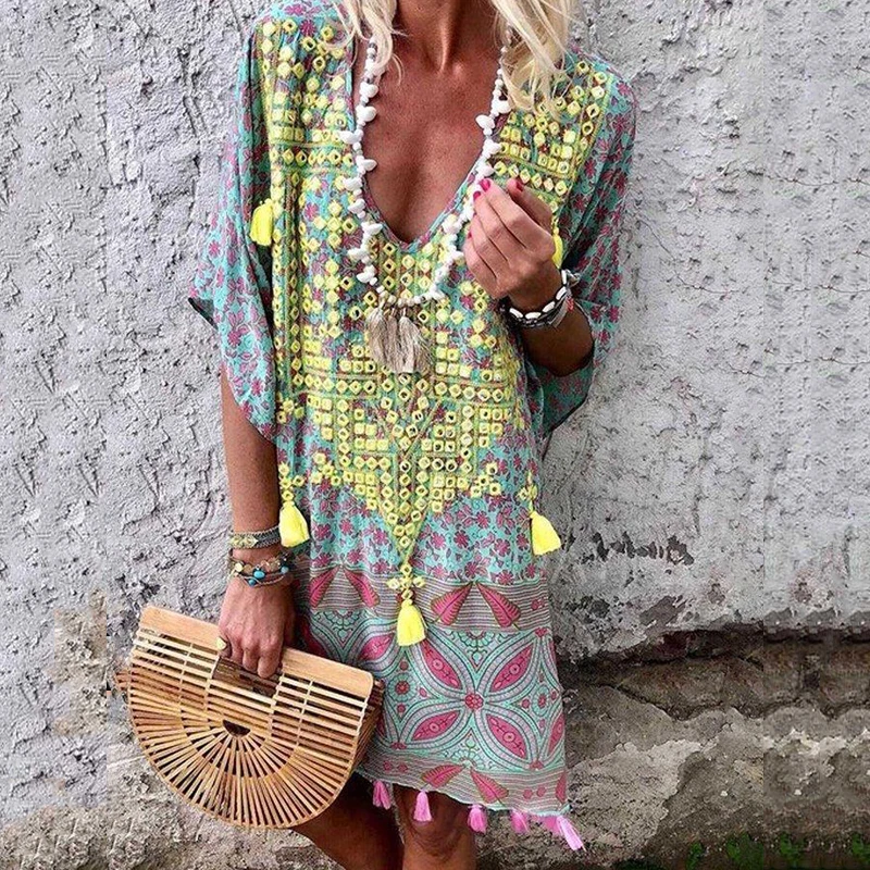 2019 Bohemian Vintage Floral Print V-neck Tassel Dress Summer Fashion Casual Half Sleeve Holiday Wear | Женская одежда