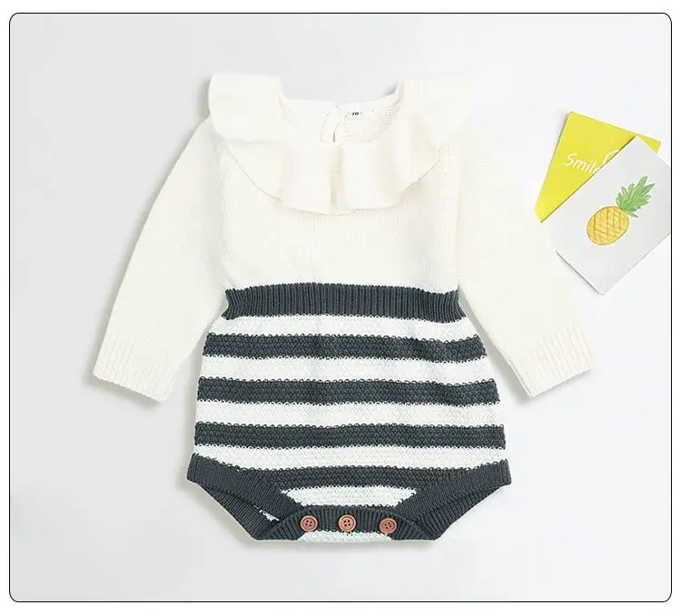 

Retail Baby Girl Bodysuits Spring Autumn Peter pan Collar Stripe Knitted Cotton Long Sleeve Overalls Kids Clothing MMX001