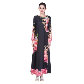 

Kaftan Abaya Jilbab Islamic Muslim Cocktail Women Long Sleeve Robe Linen Digital Printing Flower Dress H8
