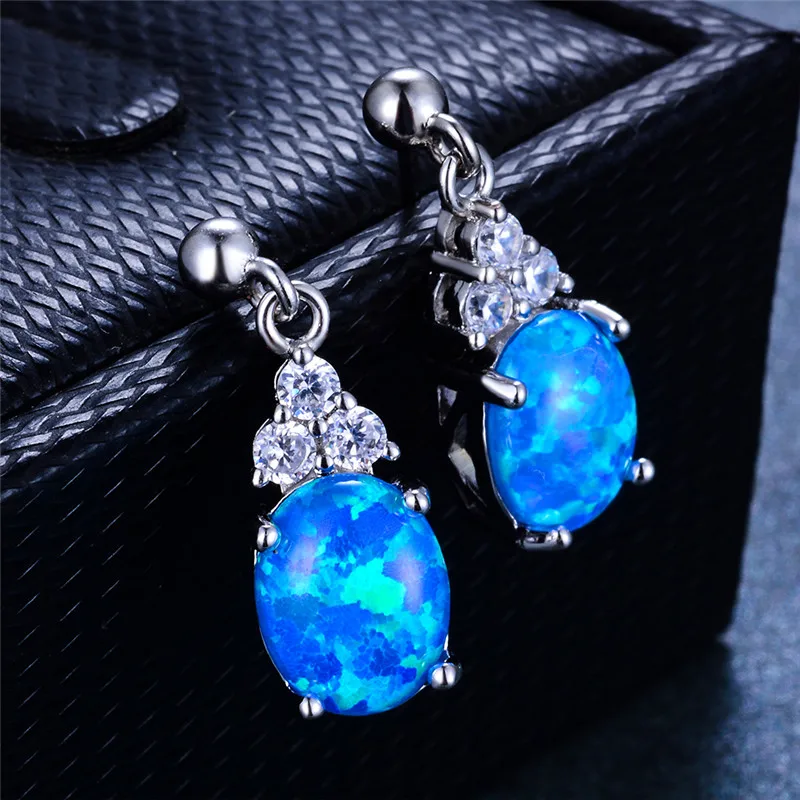 

Cute Female Big Oval Stud Earrings Vintage 925 Sterling Silver Earrings For Women Boho White Blue Fire Opal Earrings