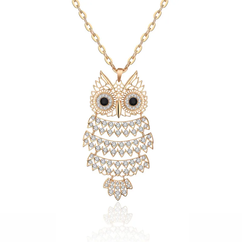 Серебряное ожерелье с полностью кристаллами в виде совы и подвески для женщин, Золотое серебряное длинное ожерелье для свитера, модное ювелирное изделие, вечерние украшения для девушек, подарок - Окраска металла: Gold