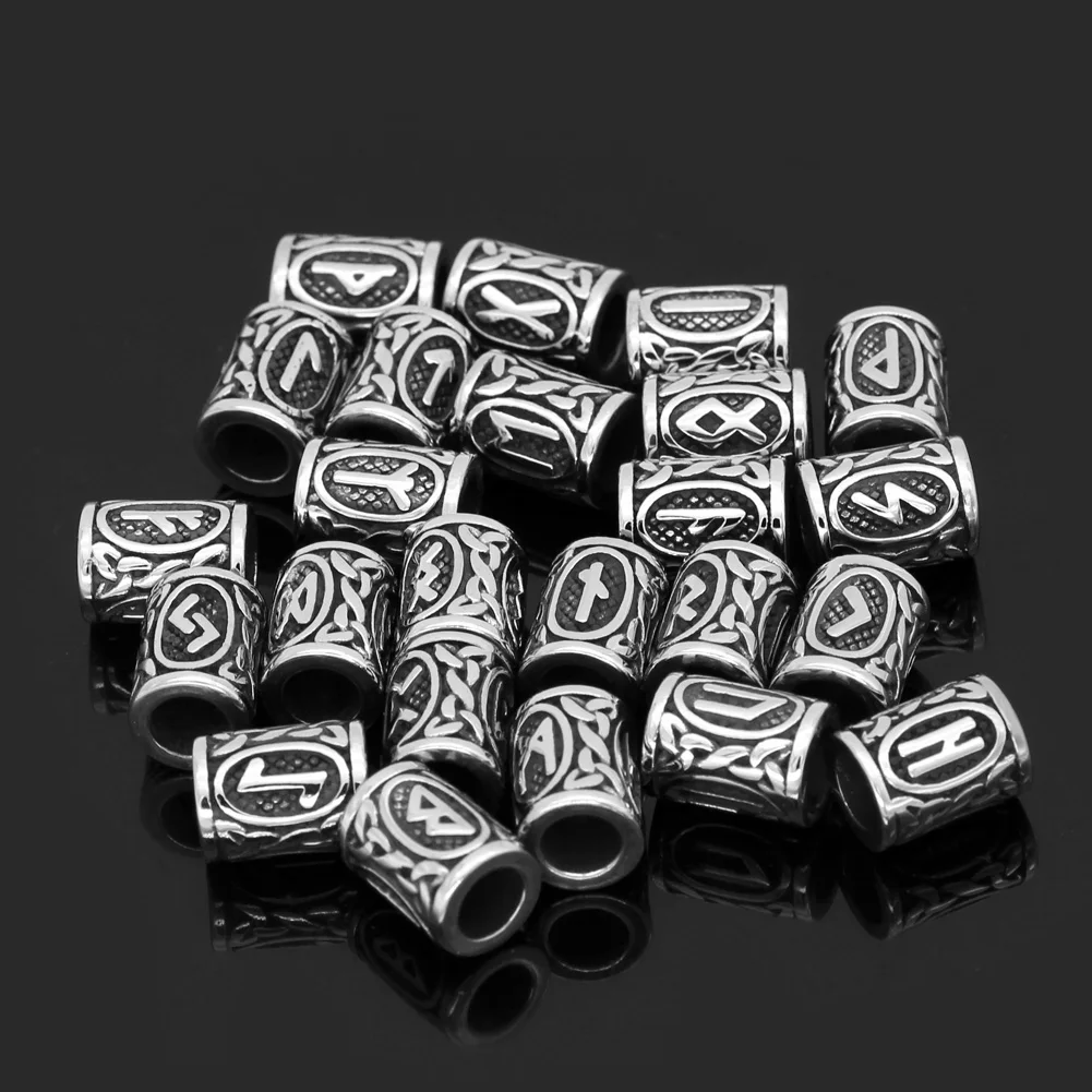 

24 Pcs Stainlesss Steel Hair Beard Bead Dwarvish Viking Rune Beads for Bracelet Necklace with valknut gift bag
