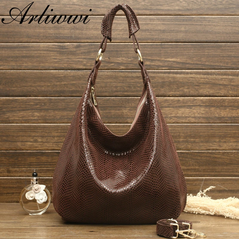 Arliwwi 100% Genuine Leather Shiny Serpentine Shoulder Bags Big Casual Soft Real Snake Embossed Skin Big Bag Handbags Women