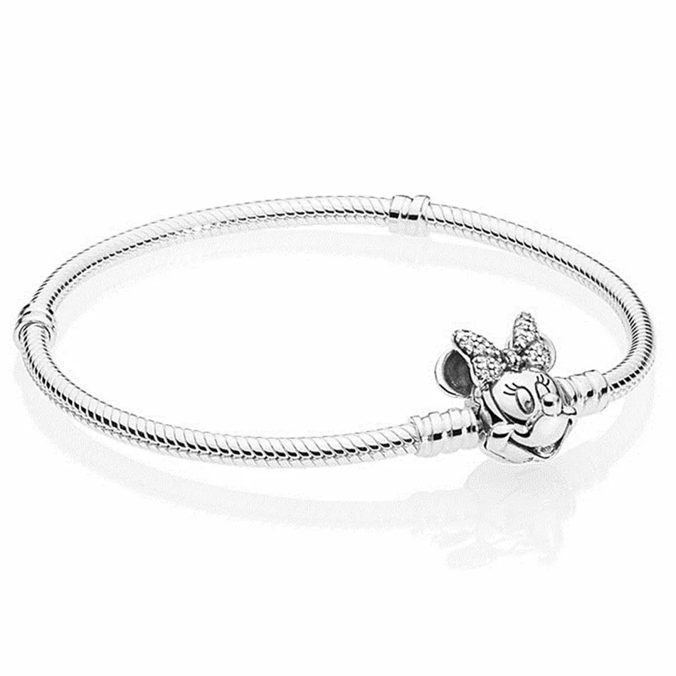 

New 925 Sterling Silver Bracelet Minnie Shimmering Portrait Clasp Snake Chain Bracelet Bangle Fit Bead Charm DIY Pandora Jewelry