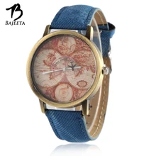 BAJEETA New Casual Leather Women Watch Ladies Mens Vintage Analog Quartz Watches Female Aircraft World Map