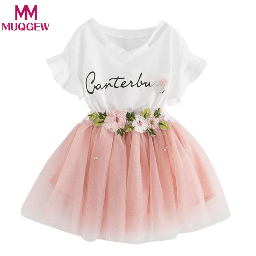 

Girls Clothing Sets New Summer lovely letter Printed T-Shirts+Flower embroidery Tutu Skirts 2Pcs Baby Girls Clothes Sets