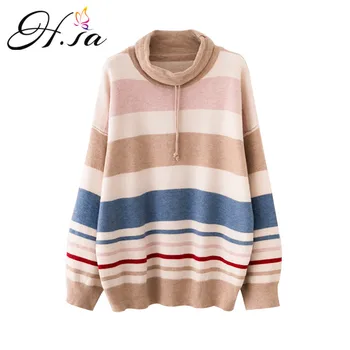 

H.SA Women Turtleneck Striped Pullover and Sweaters 2018 Winter Fall Fashion Rainbow Pull Sweaters Korean Oversized Pull Femme