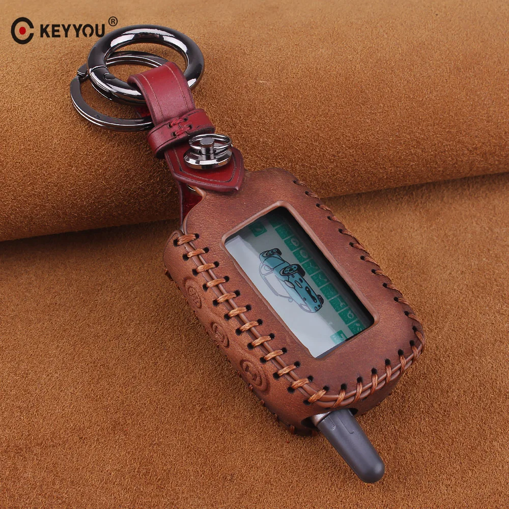 

KEYYOU For Starline A9 A6 LCD Remote 2 Way Two Way Car Alarm System Remote Controller Keychain Genuine Leather Cover