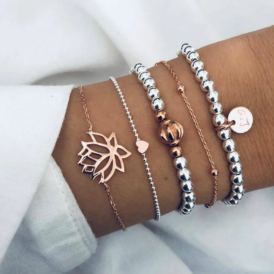 5 шт./компл. модные браслеты с сердечками лотоса Набор для женщин Boho полый винтажный фонарик с блестками браслет-цепочка с бусинами вечерние ювелирные изделия - Окраска металла: Gold