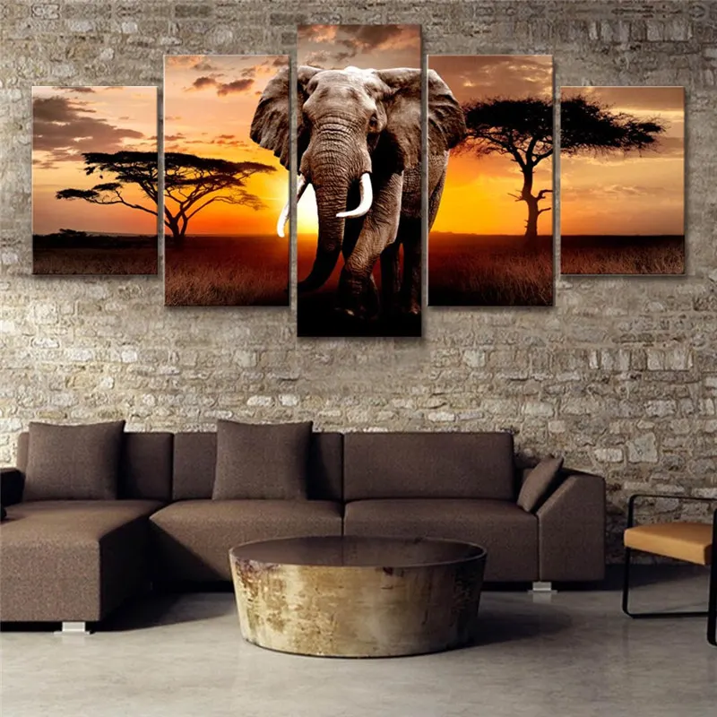 African Animal Sunset Elephant Wall Art Canvas Print Oil Painting Home Decor MA 