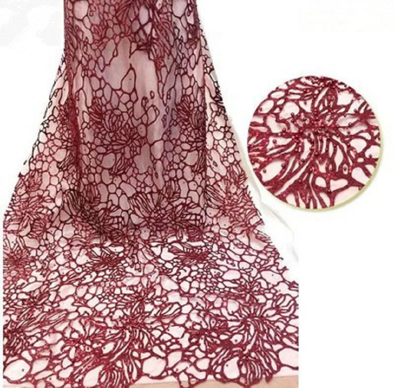 Африканский кружевной Цветочный узор 120-130 см ширина ткань для невесты продается 5 ярдов - Цвет: RED