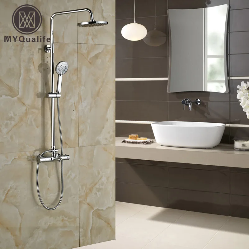 

Bathroom Chrome Thermostatic Shower with Bath Spout Wall Mounted with Handshower 8" Rain Showerhead