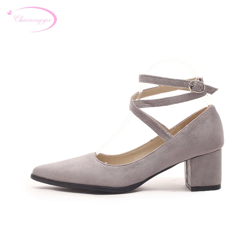 

Chainingyee casual sexy pointed toe flock pumps belt buckle black blue yellow gray med with thick heel women's shoes big size